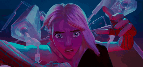 A Cartoon Character With Purple Hair Is Holding A Spider-Man Glove And Pointing . GIF