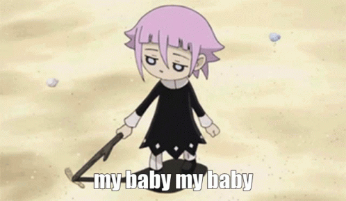 A Cartoon Character With Purple Hair Is Holding A Sword And Says My Baby My Baby GIF