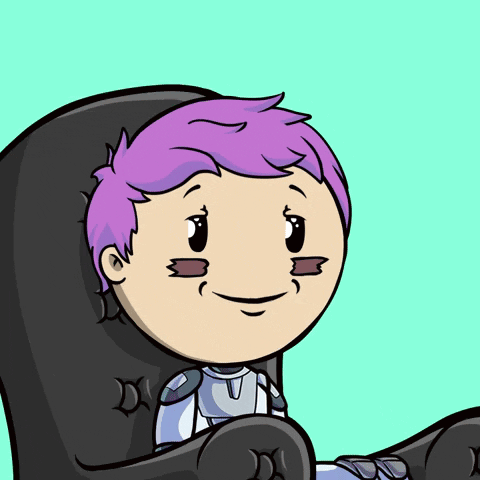 A Cartoon Character With Purple Hair Is Sitting In A Chair With The Words Alright Then Above Him GIF