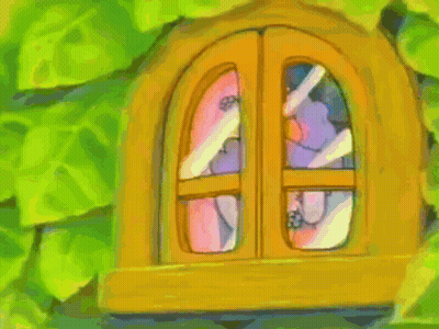 A Cartoon Character With Purple Hair Is Sitting On A Green Leaf GIF