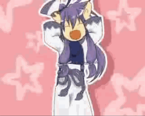 A Cartoon Character With Purple Hair Is Standing In Front Of A Pink Background . GIF