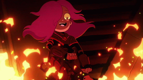 A Cartoon Character With Purple Hair Is Surrounded By Fire GIF