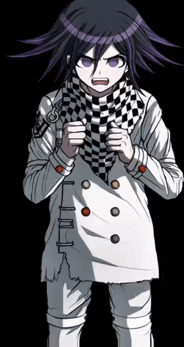 A Cartoon Character With Purple Hair Is Wearing A Black And White Checkered Scarf And A White Coat . GIF
