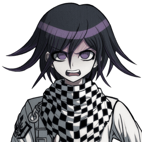 A Cartoon Character With Purple Hair Is Wearing A Black And White Checkered Scarf Around His Neck GIF