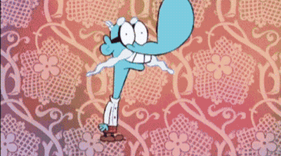A Cartoon Character With Purple Hair Is Wearing A Blue Striped Shirt And Blue Shorts . GIF