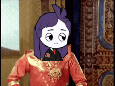 A Cartoon Character With Purple Hair Is Wearing A Red Jacket With A Badge On It GIF