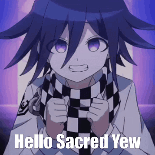 A Cartoon Character With Purple Hair Says Hello Sacred Yew GIF