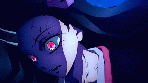 A Cartoon Character With Red Eyes And A Purple Background GIF