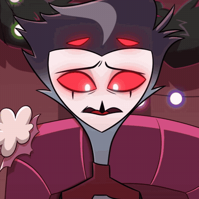 A Cartoon Character With Red Eyes And A Purple Shirt GIF