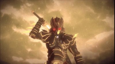 A Cartoon Character With Red Eyes And A Sword GIF