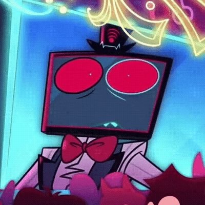 A Cartoon Character With Red Eyes And A Top Hat Is Sitting In Front Of A Crowd . GIF