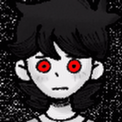 a cartoon character with red eyes and black hair is looking at the camera .