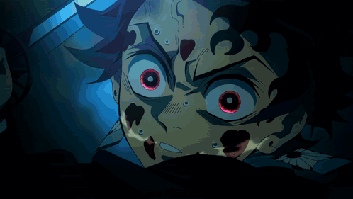 A Cartoon Character With Red Eyes And Blood On His Face GIF