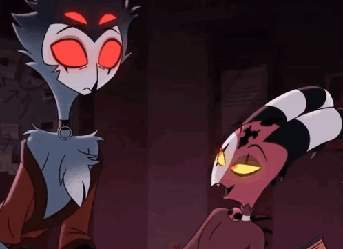 a cartoon character with red eyes and horns looks at another character