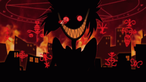 A Cartoon Character With Red Eyes And Teeth Is Standing In Front Of A Burning City GIF