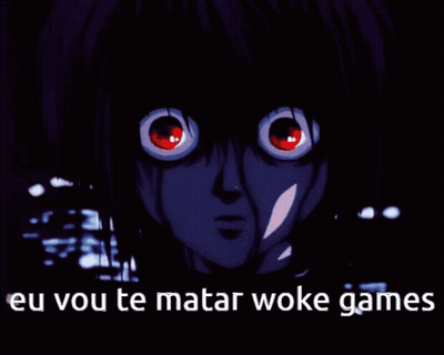 A Cartoon Character With Red Eyes And The Words Eu Vou Te Matar Woke Games Below Him GIF