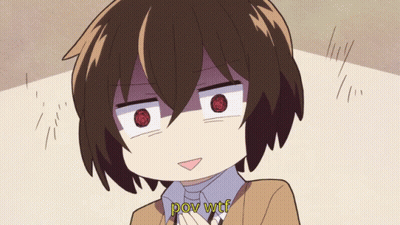 A Cartoon Character With Red Eyes And The Words Pov Wtf GIF