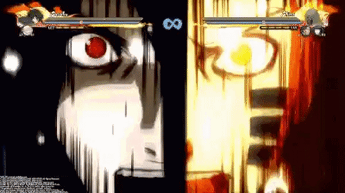 A Cartoon Character With Red Eyes Is Fighting Another Character In A Video Game With A Yellow Background . GIF