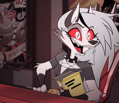 A Cartoon Character With Red Eyes Is Reading A Book And Holding A Box Of Chips GIF