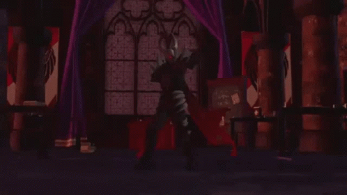 A Cartoon Character With Red Eyes Is Standing In A Dark Room . GIF