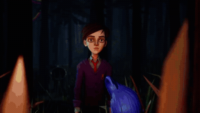 A Cartoon Character With Red Eyes Is Standing In A Dark Room With A Red Curtain Behind Him GIF