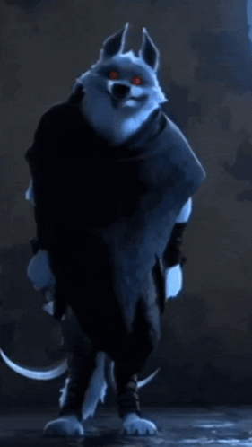 A Cartoon Character With Red Eyes Is Standing In The Dark GIF