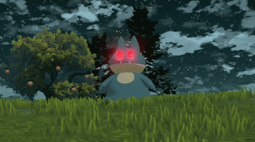 A Cartoon Character With Red Eyes Is Surrounded By Trees GIF