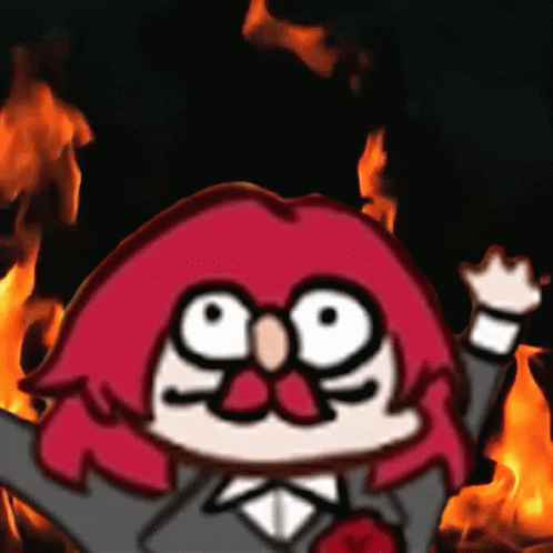 A Cartoon Character With Red Hair And A Bow Tie Stands In Front Of Flames GIF