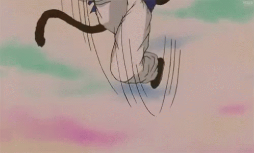 A Cartoon Character With Red Hair And A Tail Is Flying In The Air . GIF