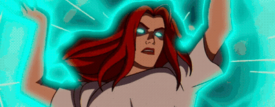 A Cartoon Character With Red Hair And Blue Eyes Is Standing In Front Of A Blue Background . GIF