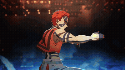 A Cartoon Character With Red Hair And Blue Stripes On His Body GIF