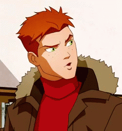 A Cartoon Character With Red Hair And Green Eyes Is Wearing A Red Turtleneck And Brown Jacket GIF