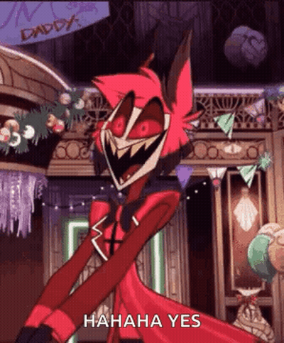 A Cartoon Character With Red Hair And Red Eyes Is Standing In A Room . GIF