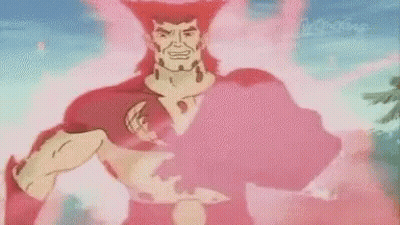 A Cartoon Character With Red Hair And Red Smoke Coming Out Of His Chest Is Standing In Front Of A Blue Sky . GIF
