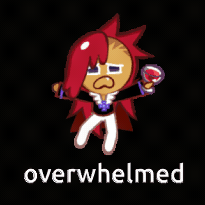 A Cartoon Character With Red Hair And The Word Overwhelmed On The Bottom GIF