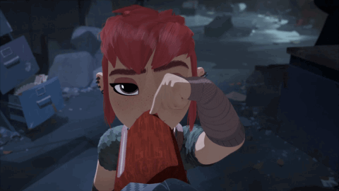 A Cartoon Character With Red Hair Covering Her Face GIF