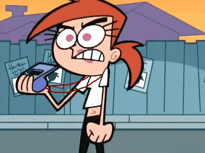 A Cartoon Character With Red Hair Is Holding A Cell Phone In Front Of A Fence With Posters On It GIF