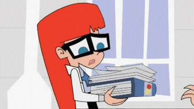 A Cartoon Character With Red Hair Is Holding A Stack Of Binders GIF