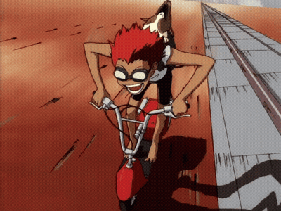 A Cartoon Character With Red Hair Is Riding A Motorcycle With A Dog On His Back GIF