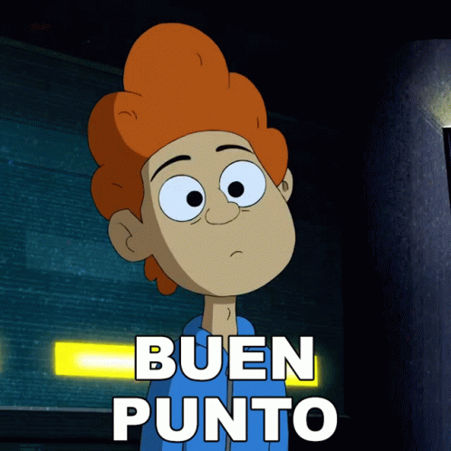 A Cartoon Character With Red Hair Is Standing In Front Of A Sign That Says " Buen Punto " GIF