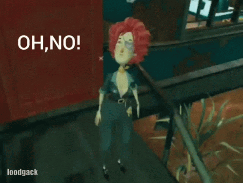 A Cartoon Character With Red Hair Is Standing In Front Of A Sign That Says Oh No GIF