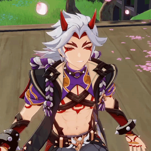 A Cartoon Character With Red Horns And A Purple Top GIF