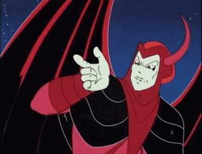 A Cartoon Character With Red Horns And A Red Cape GIF