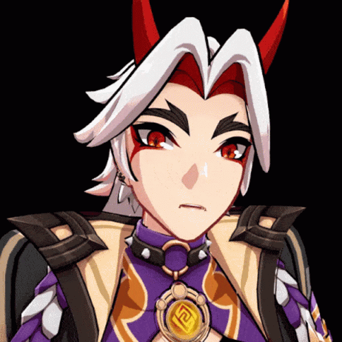 A Cartoon Character With Red Horns And White Hair Has A Necklace With The Letter G On It GIF