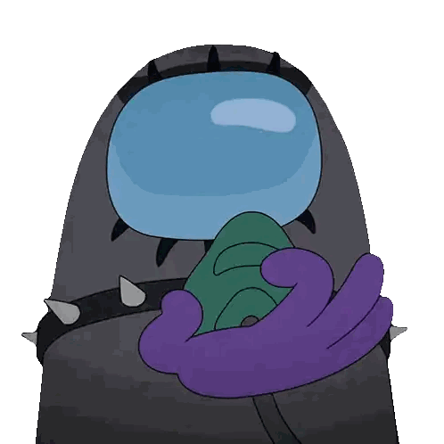 A Cartoon Character With Spikes And A Purple Hand Holding A Green Object Sticker