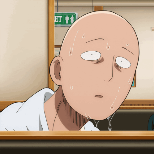 A Cartoon Character With Sweat Coming Out Of His Face And A Green Exit Sign Behind Him GIF