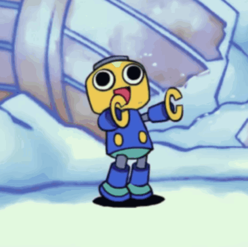 A Cartoon Character With The Letter C On His Arm Stands In The Snow GIF