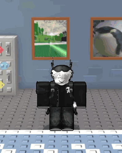 A Cartoon Character With The Letter E On His Chest Is Standing In A Room With Pictures On The Wall GIF
