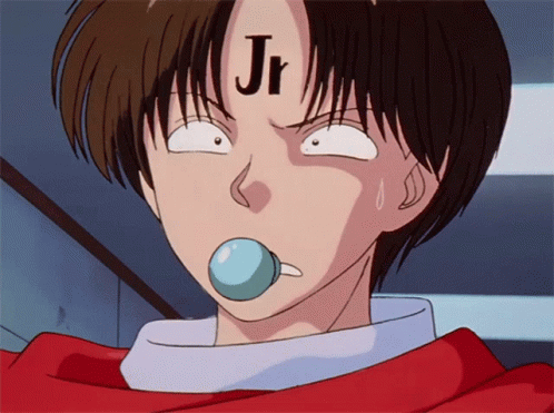 A Cartoon Character With The Letter Jr On His Head GIF