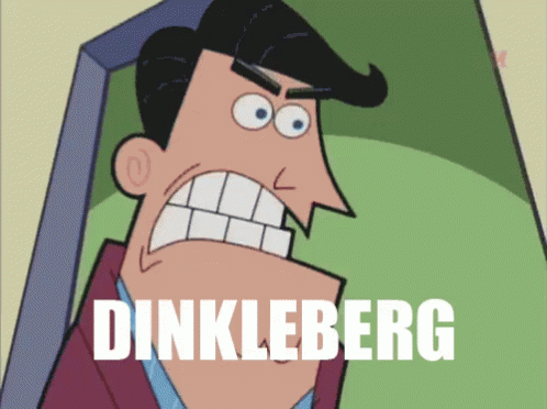 A Cartoon Character With The Name Dinkleberg Written On The Bottom GIF